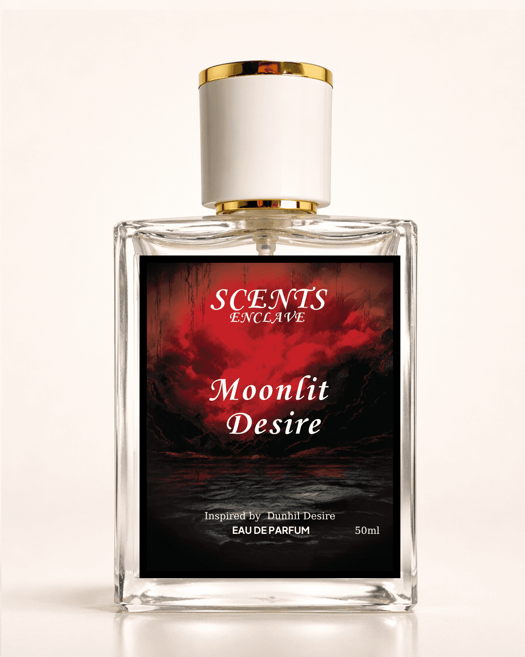 Moonlit Desire 50ml, Scents Enclave — clear bottle with a gold-rimmed cap and a black label washed with dark red