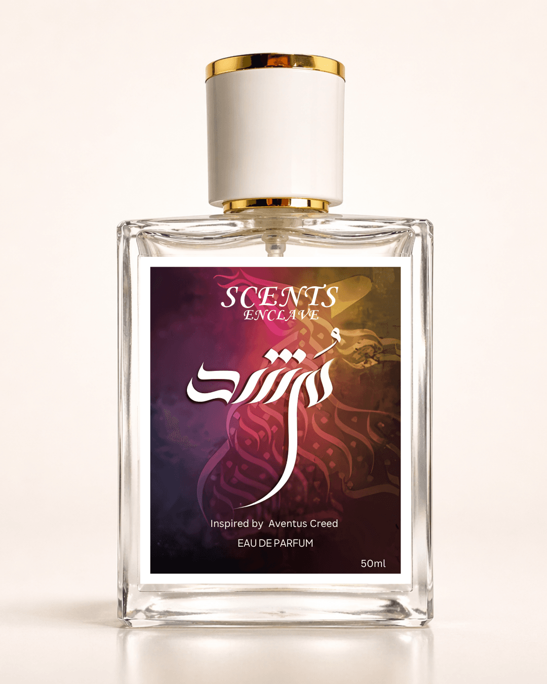 Murshad 50ml, Scents Enclave — clear bottle with a gold-rimmed cap and a deep purple label with Urdu calligraphy