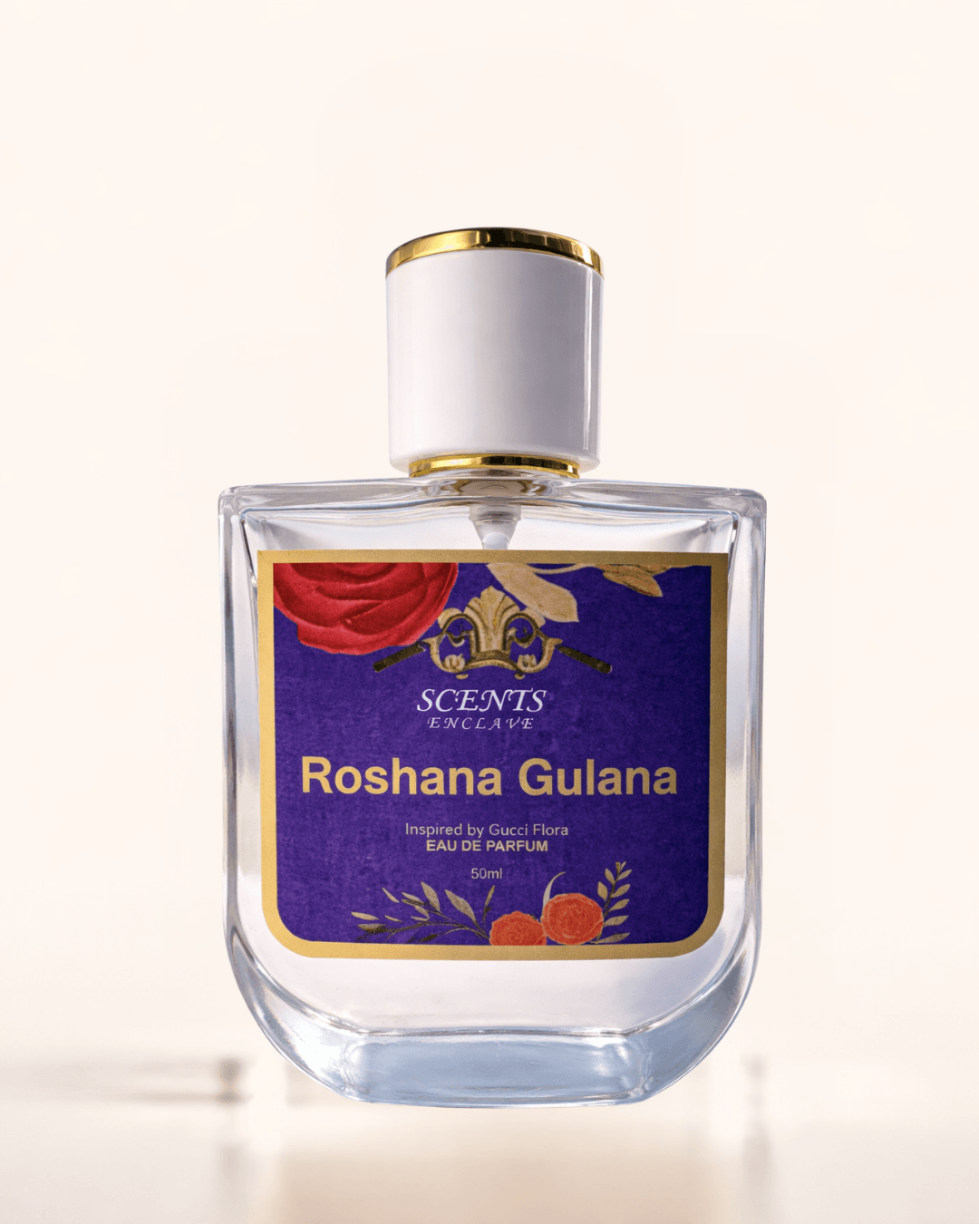 Roshana Gulana 50ml, Scents Enclave — clear bottle with a gold-rimmed cap and a violet label with red flowers