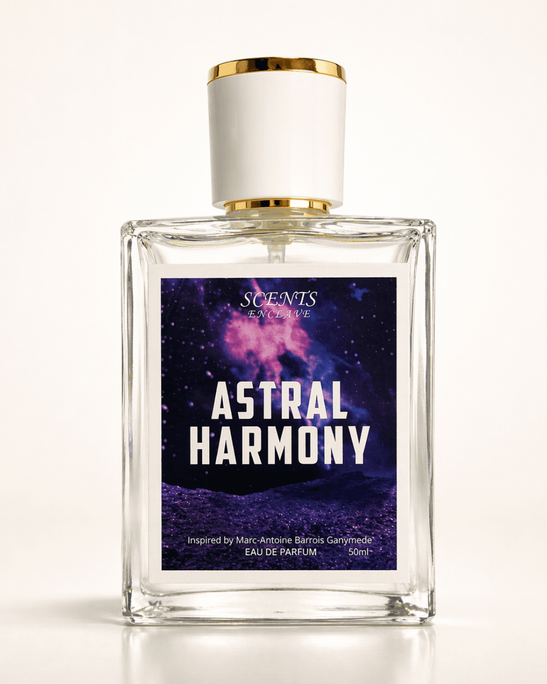 Astral Harmony 50ml, Scents Enclave — clear bottle with a gold-rimmed cap and a violet nebula label