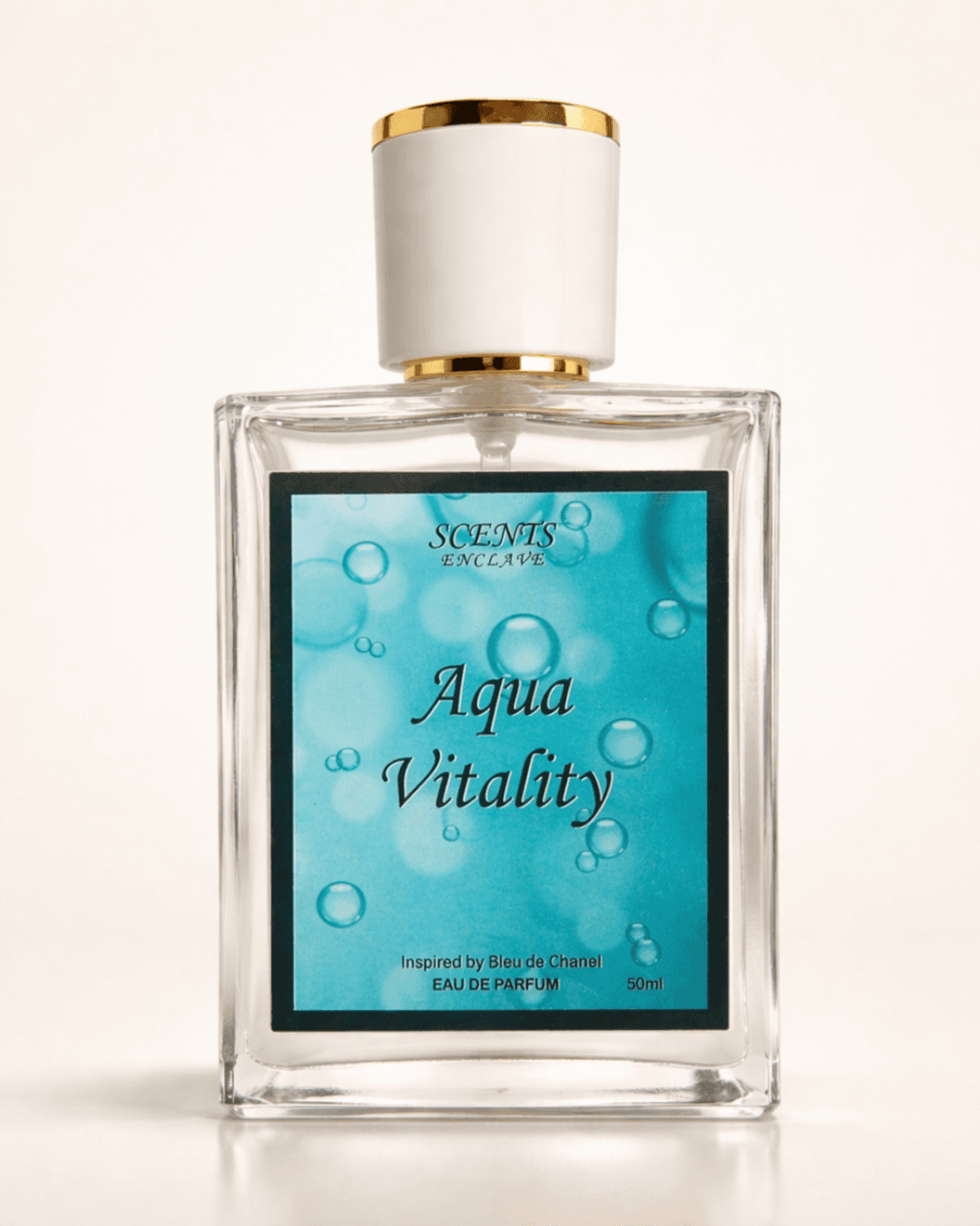 Aqua Vitality 50ml, Scents Enclave — clear bottle with a gold-rimmed cap and a turquoise label with water bubbles
