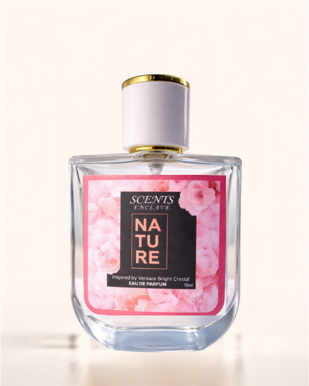 Nature 50ml, Scents Enclave — clear bottle with a gold-rimmed cap and a pink cherry-blossom label