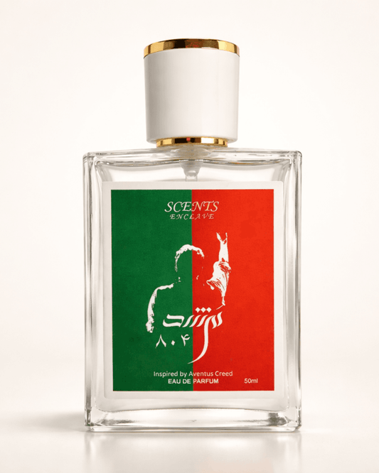 Murshad 804 50ml, Scents Enclave — clear bottle with a red and green split label, silhouetted figure and Urdu numerals