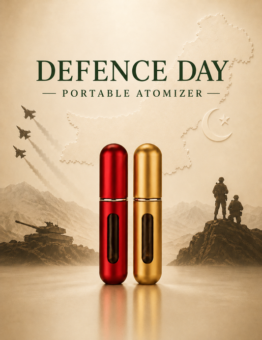 Scents Enclave red and gold refillable travel atomizers against a sepia Defence Day backdrop