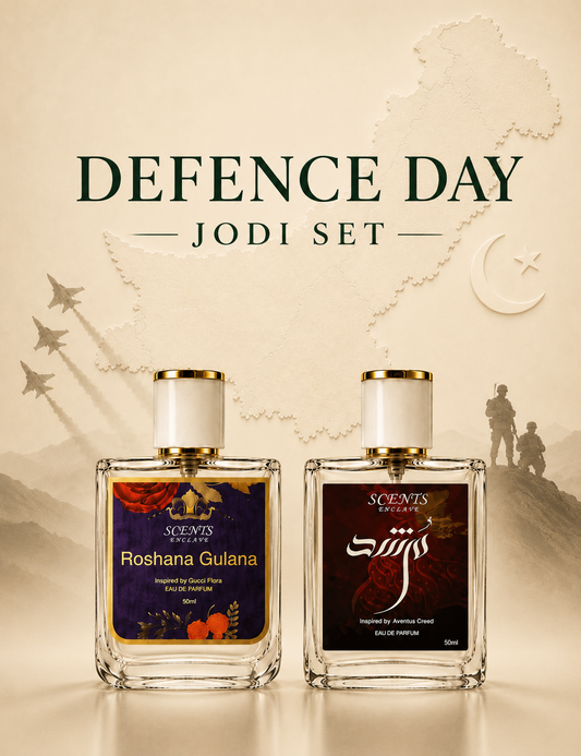 Defence Day Jodi Set — 1 for Him, 1 for Her, Scents Enclave — two bottles on a sepia Defence Day backdrop