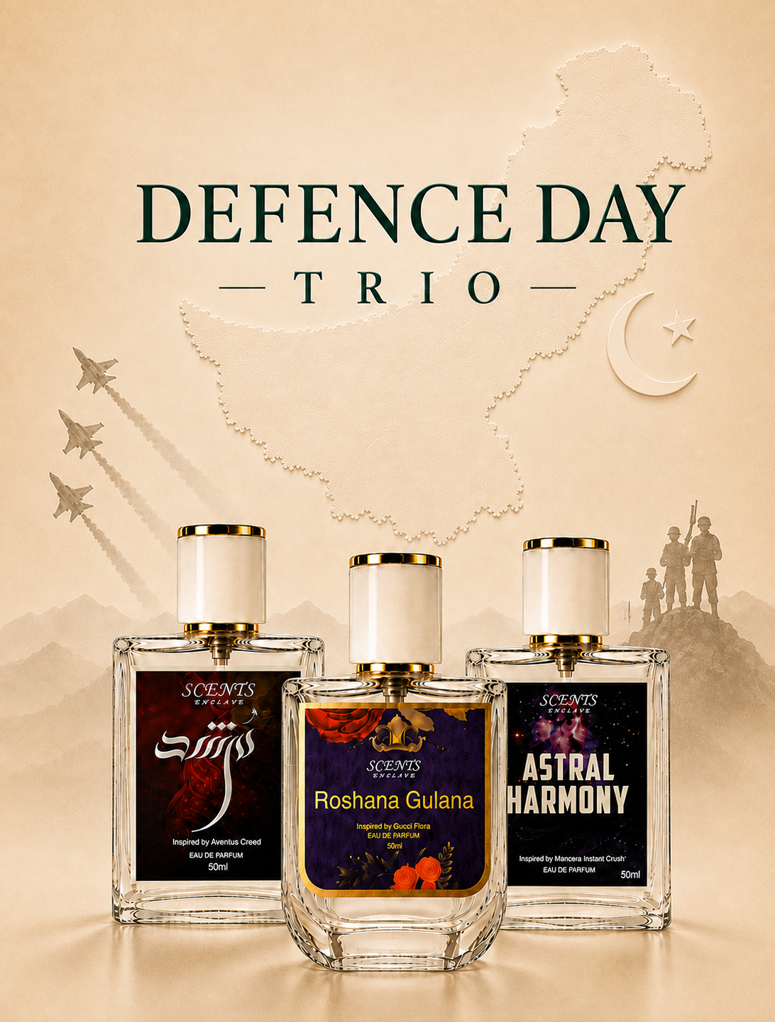 Defence Day Trio — Any 3, Your Choice, Scents Enclave — three bottles on a sepia backdrop of soldiers and a monument