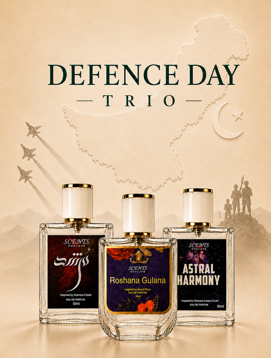 Defence Day Trio — Any 3, Your Choice, Scents Enclave — three bottles on a sepia backdrop of soldiers and a monument